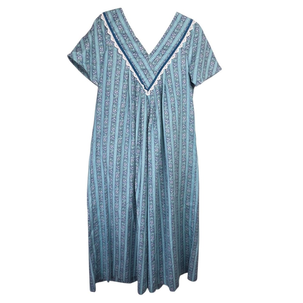 Kumu Hawaii Women Blue Cotton Floral Stripe Muumuu Maxi Dress Lace Trim OS L XL‎